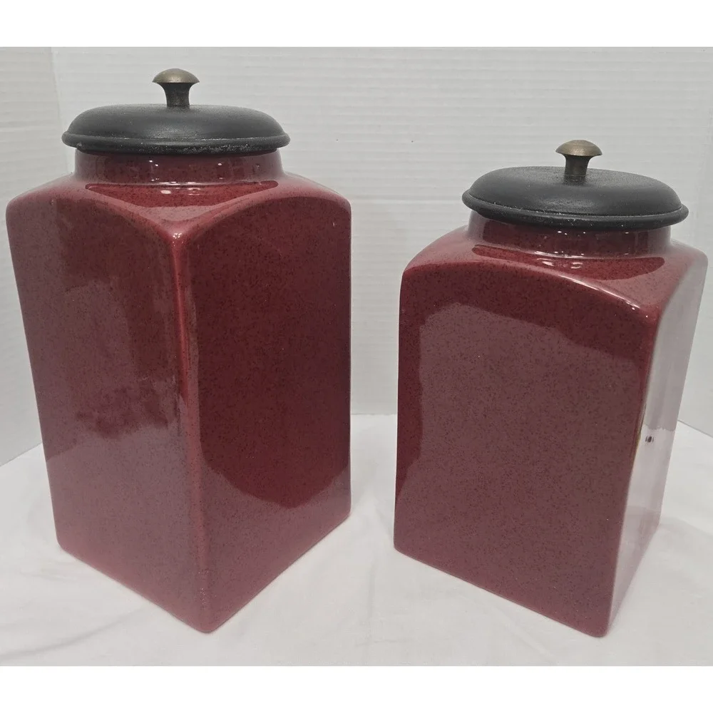 Vtg PIER 1 Import Rustic Brick Red 2 Ceramic Canister Jars W/Vacuum Lip Lid Set